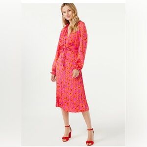 Scoop Orange and Pink Long Sleeve Split Neck Pleated Midi Dress- Medium